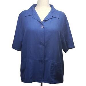 Kathie Lee Collection Linen Cardigan XL Blue Button Up Vintage Pockets